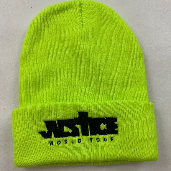 New Justin Bieber Justice World Tour Graphic Green Knit Logo Beanie Hat One Size - Picture 1 of 3